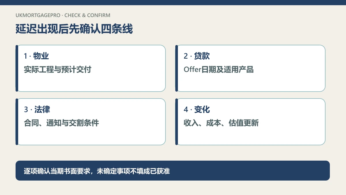 原创四项核查图：物业：实际工程与预计交付；贷款：Offer日期及适用产品；法律：合同、通知与交割条件；变化：收入、成本、估值更新