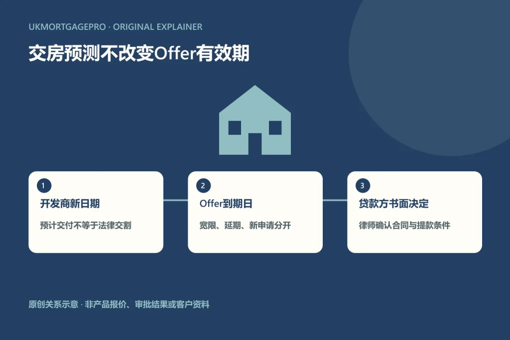 原创关系图:开发商新日期、Offer到期日、贷款方书面决定;预计交付不等于法律交割;宽限、延期、新申请分开;律师确认合同与提款条件