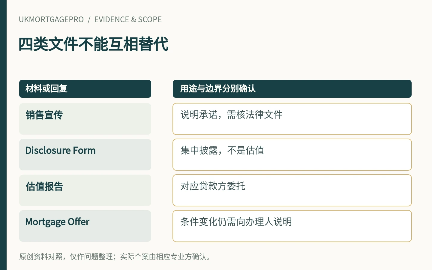 四类文件不能互相替代:销售宣传、Disclosure Form、估值报告、Mortgage Offer
