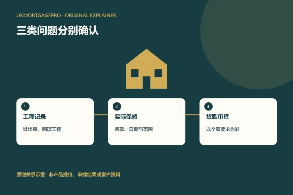 原创关系图：工程记录、实际保修、贷款审查；谁出具、哪项工程；条款、日期与范围；以个案要求为准