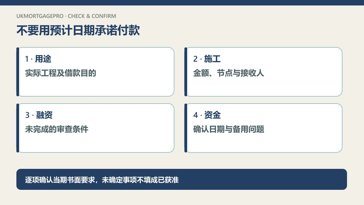 原创四项核查图:用途:实际工程及借款目的;施工:金额、节点与接收人;融资:未完成的审查条件;资金:确认日期与备用问题
