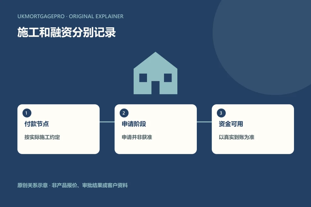 原创关系图：付款节点、申请阶段、资金可用；按实际施工约定；申请并非获准；以真实到账为准