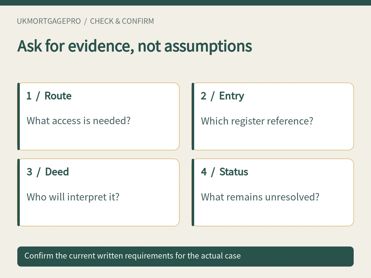 Ask for evidence, not assumptions: Route, Entry, Deed, Status