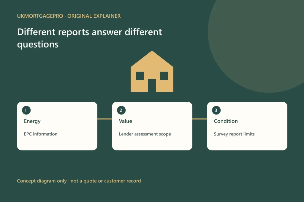 Original relationship diagram: Energy to Value to Condition; EPC information; Lender assessment scope; Survey report limits