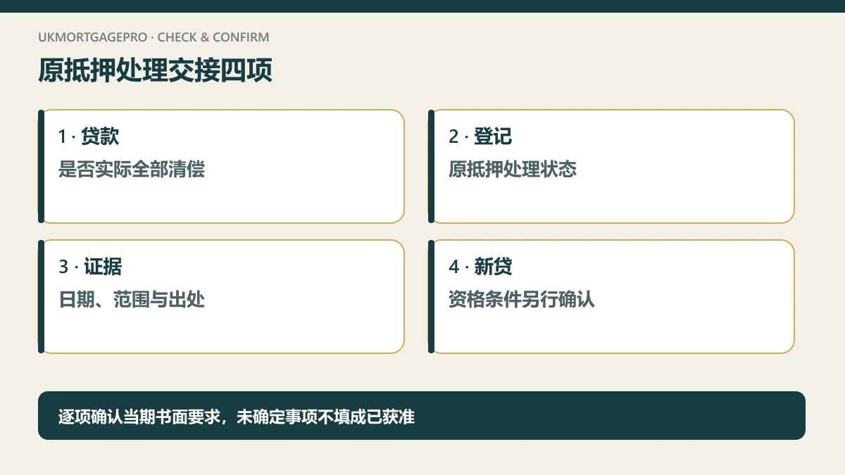 原创四项核查图:贷款:是否实际全部清偿;登记:原抵押处理状态;证据:日期、范围与出处;新贷:资格条件另行确认