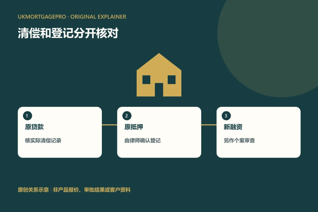 原创关系图：原贷款、原抵押、新融资；核实际清偿记录；由律师确认登记；另作个案审查