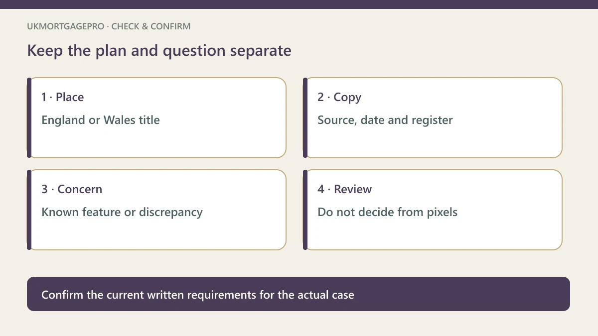 Original four-point checklist: Place — England or Wales title; Copy — Source, date and register; Concern — Known feature or discrepancy; Review — Do not decide from pixels