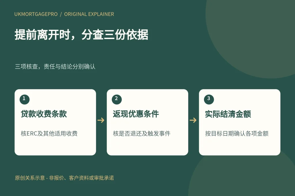 提前离开时,分查三份依据:贷款收费条款、返现优惠条件、实际结清金额