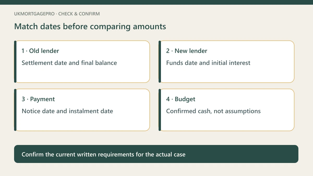 Original four-point checklist: Old lender — Settlement date and final balance; New lender — Funds date and initial interest; Payment — Notice date and instalment date; Budget — Confirmed cash, not assumptions