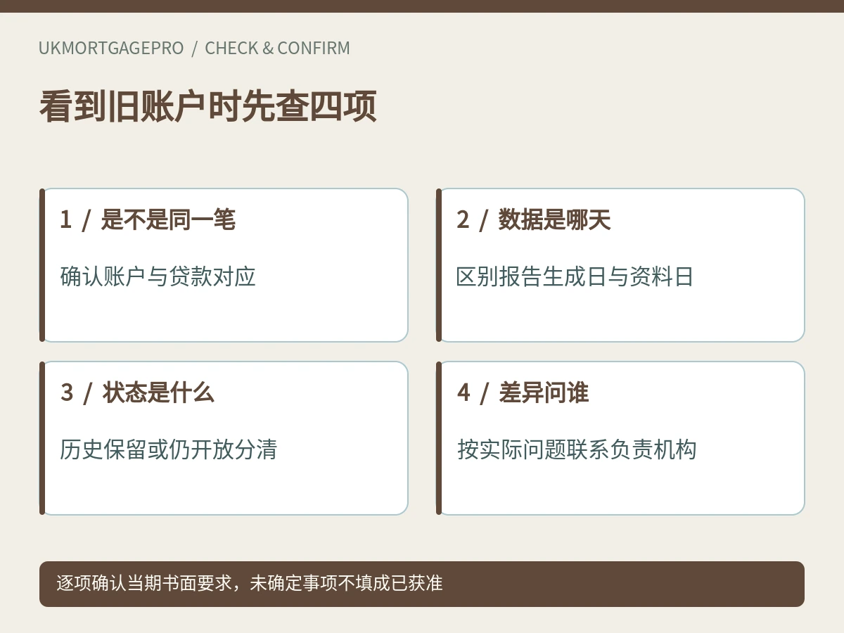 看到旧账户时先查四项:是不是同一笔、数据是哪天、状态是什么、差异问谁