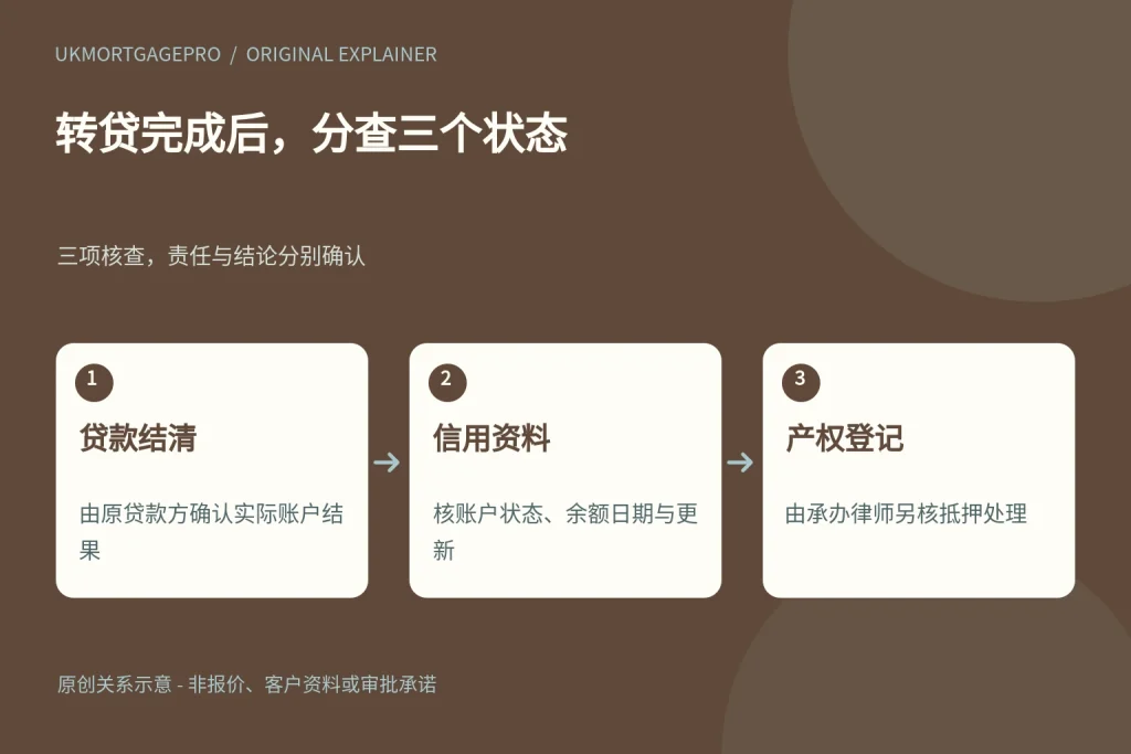 转贷完成后,分查三个状态:贷款结清、信用资料、产权登记
