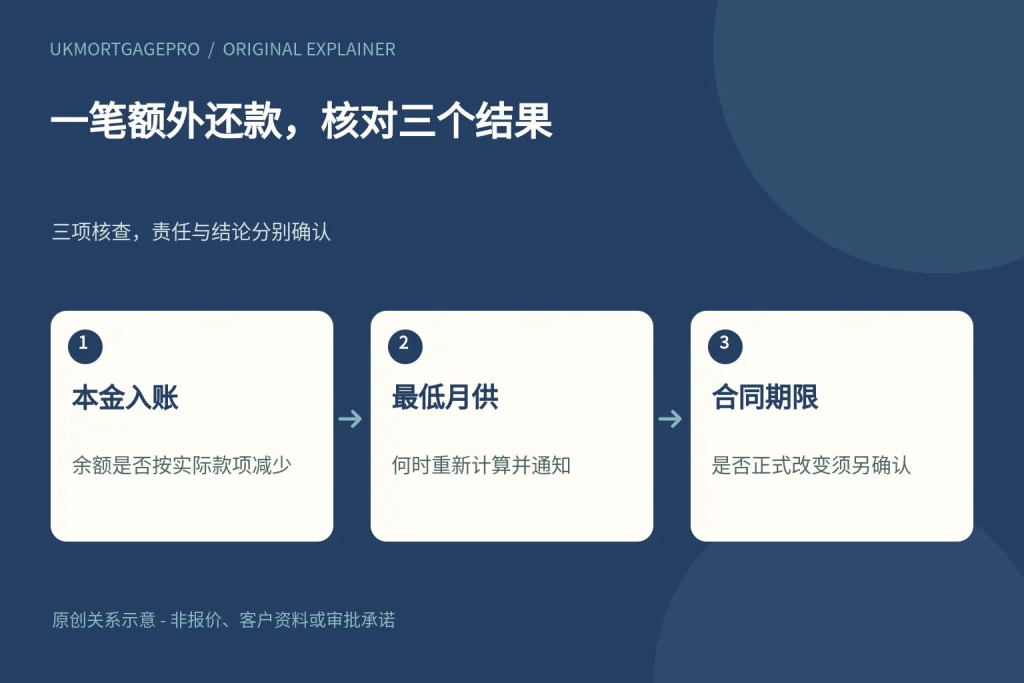 一笔额外还款,核对三个结果:本金入账、最低月供、合同期限