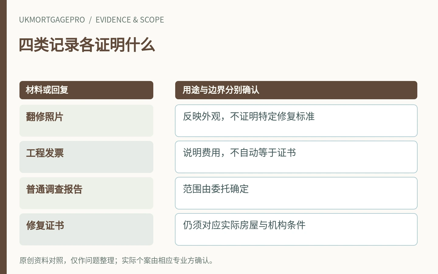 四类记录各证明什么:翻修照片、工程发票、普通调查报告、修复证书