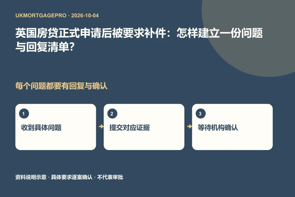 英国房贷补件回复流程原创图:收到具体问题、提交对应证据、等待机构确认三个状态。